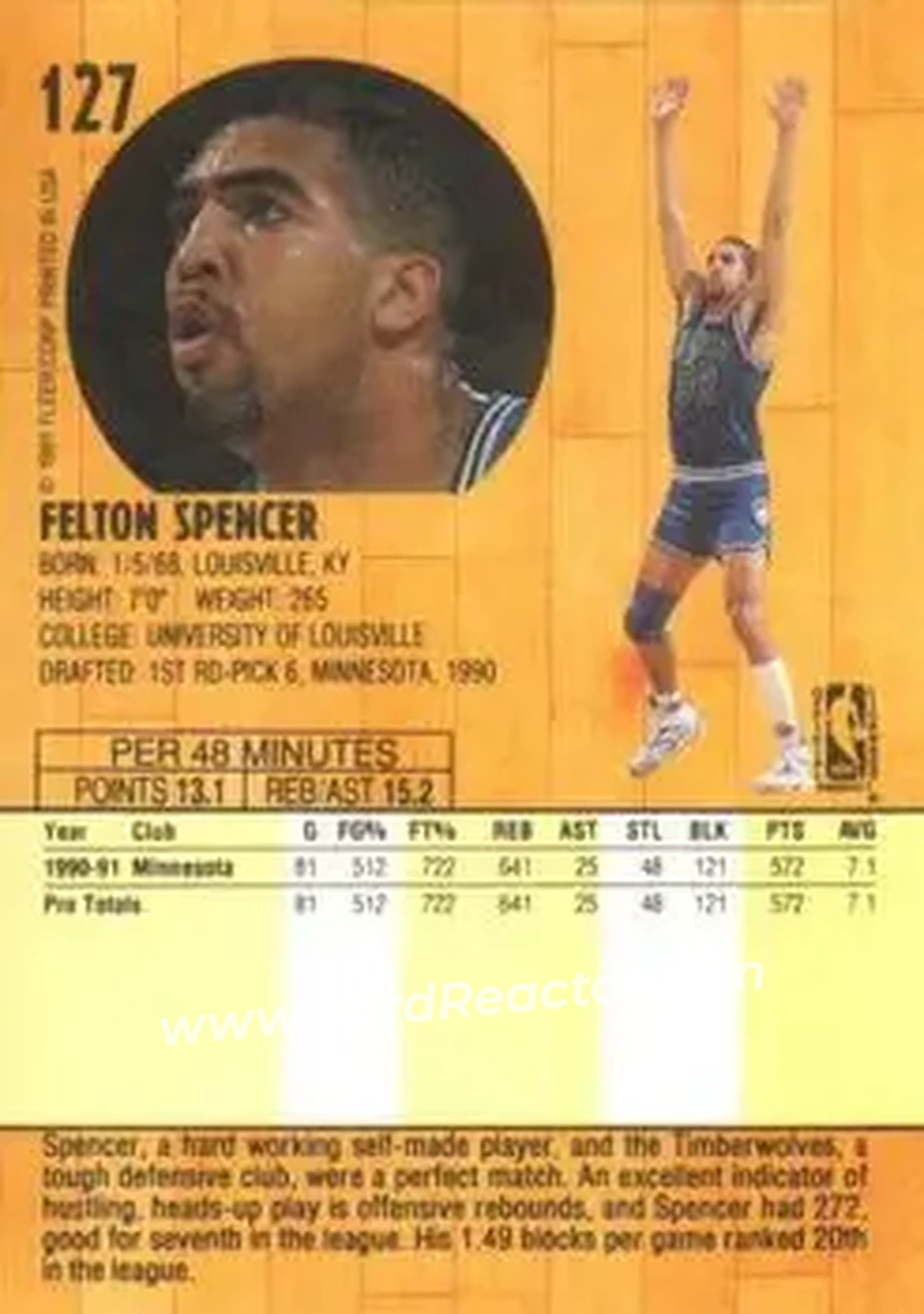 1991-92 Fleer #127 - Felton Spencer - Minnesota Timberwolves - Back 1991-92 Fleer #127 - Felton Spencer - Minnesota Timberwolves - Back