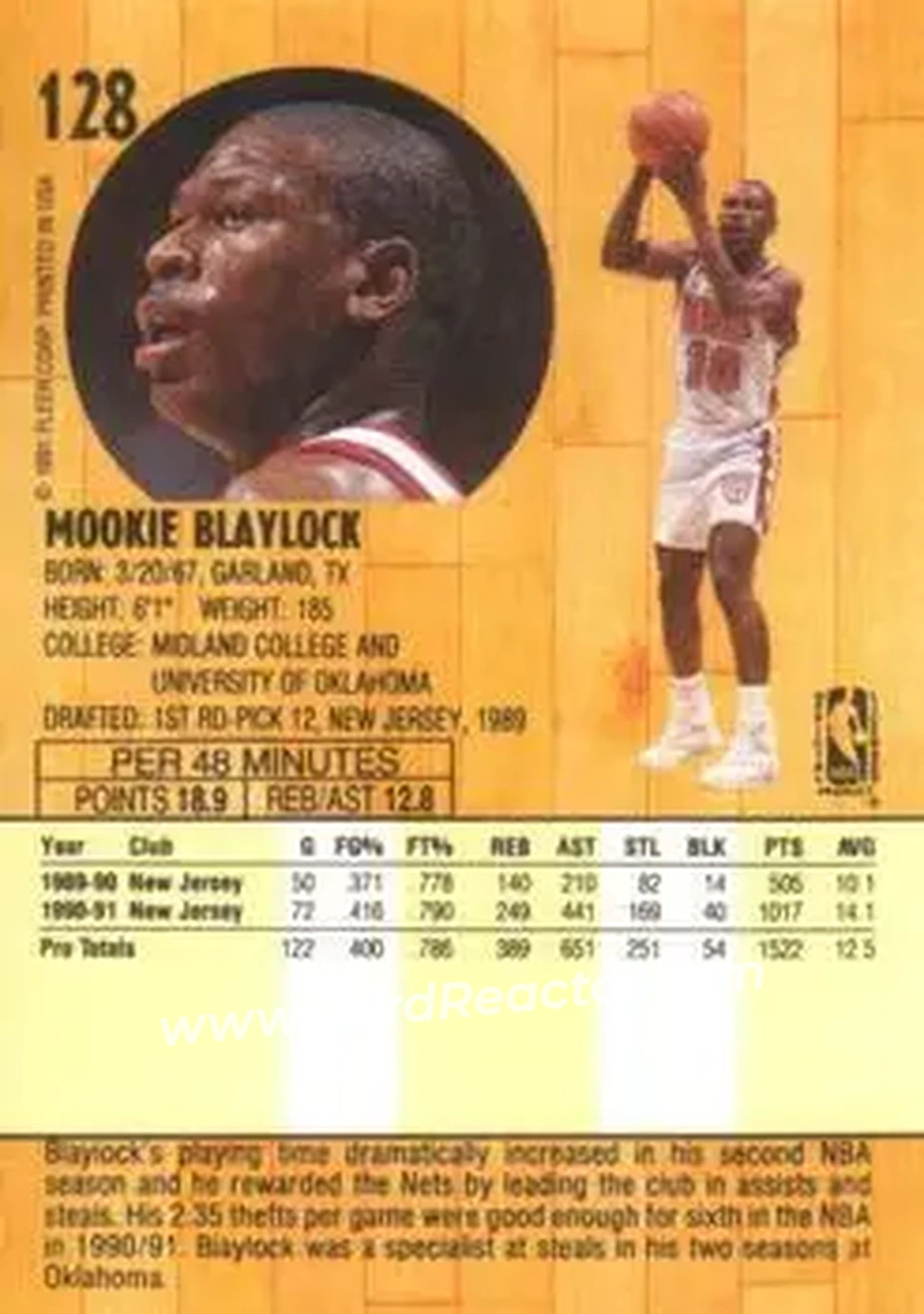 1991-92 Fleer #128 - Mookie Blaylock - New Jersey Nets - Back