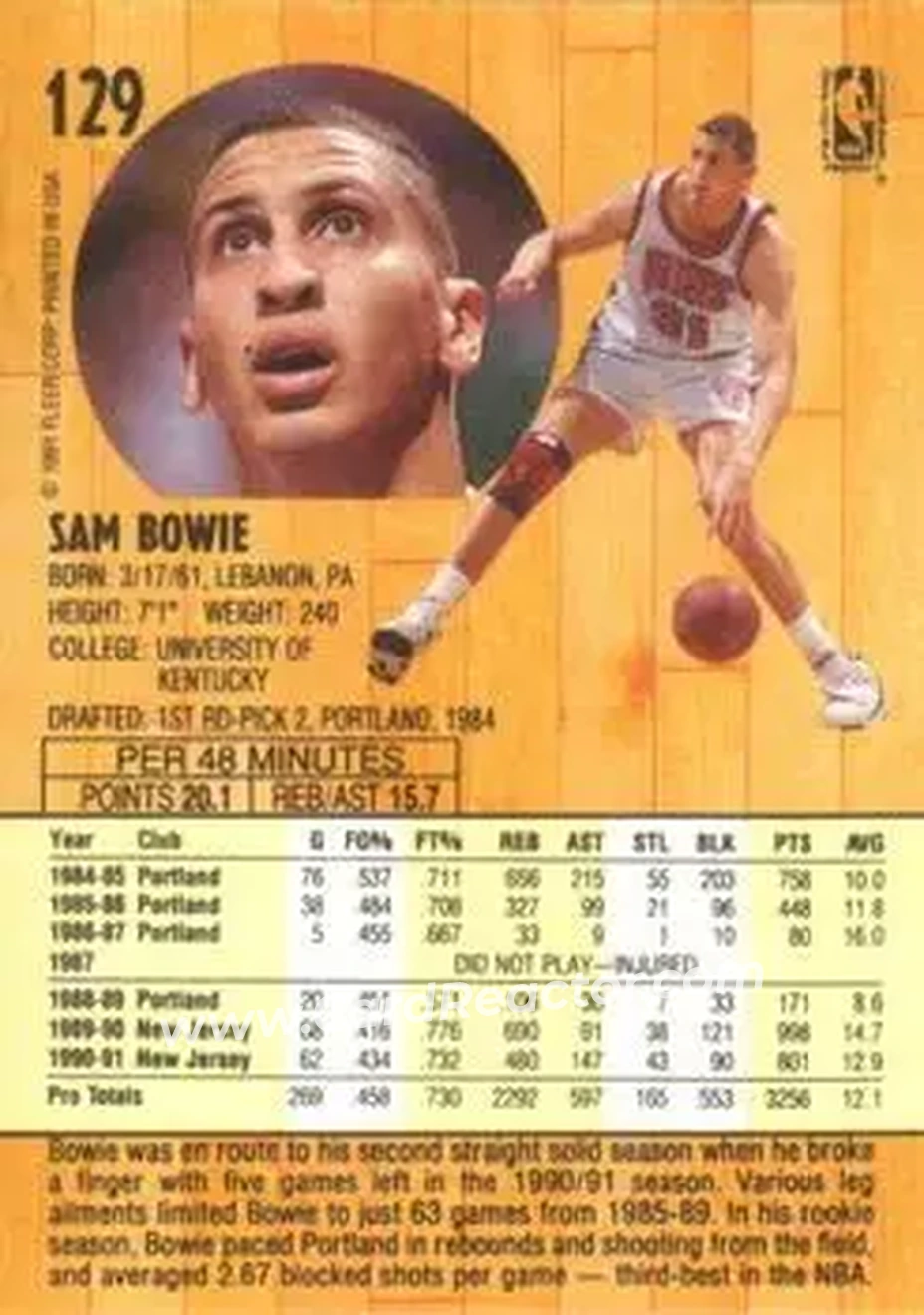 1991-92 Fleer #129 - Sam Bowie - New Jersey Nets - Back
