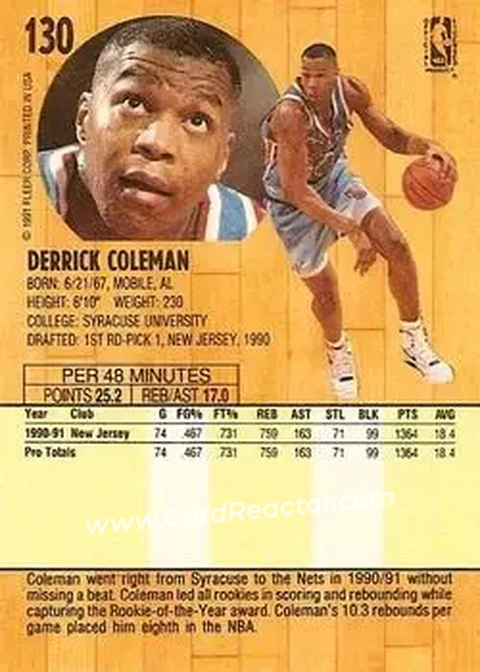 1991-92 Fleer #130 - Derrick Coleman - New Jersey Nets - Back