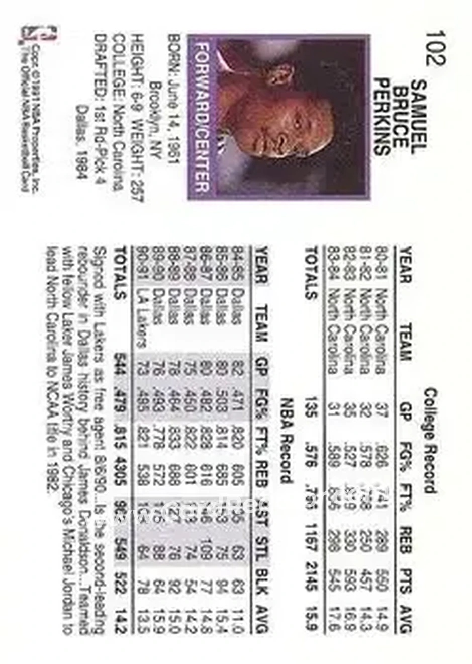 1991-92 Hoops #102 - Sam Perkins - Los Angeles Lakers - Back 1991-92 Hoops #102 - Sam Perkins - Los Angeles Lakers - Back
