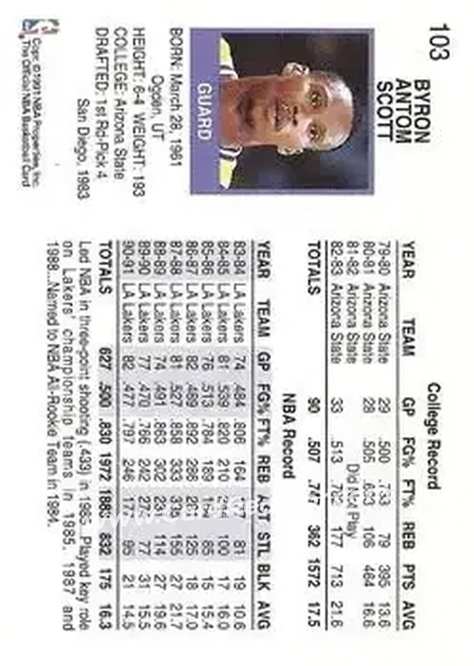 1991-92 Hoops #103 - Byron Scott - Los Angeles Lakers - Back