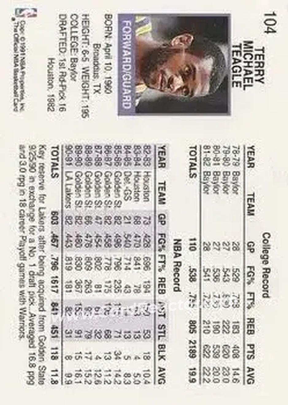 1991-92 Hoops #104 - Terry Teagle - Los Angeles Lakers - Back