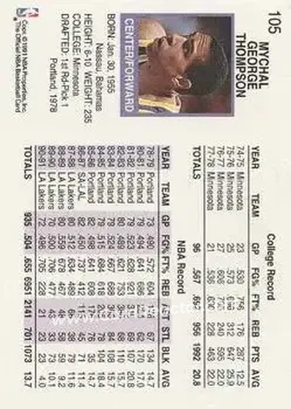 1991-92 Hoops #105 - Mychal Thompson - Los Angeles Lakers - Back