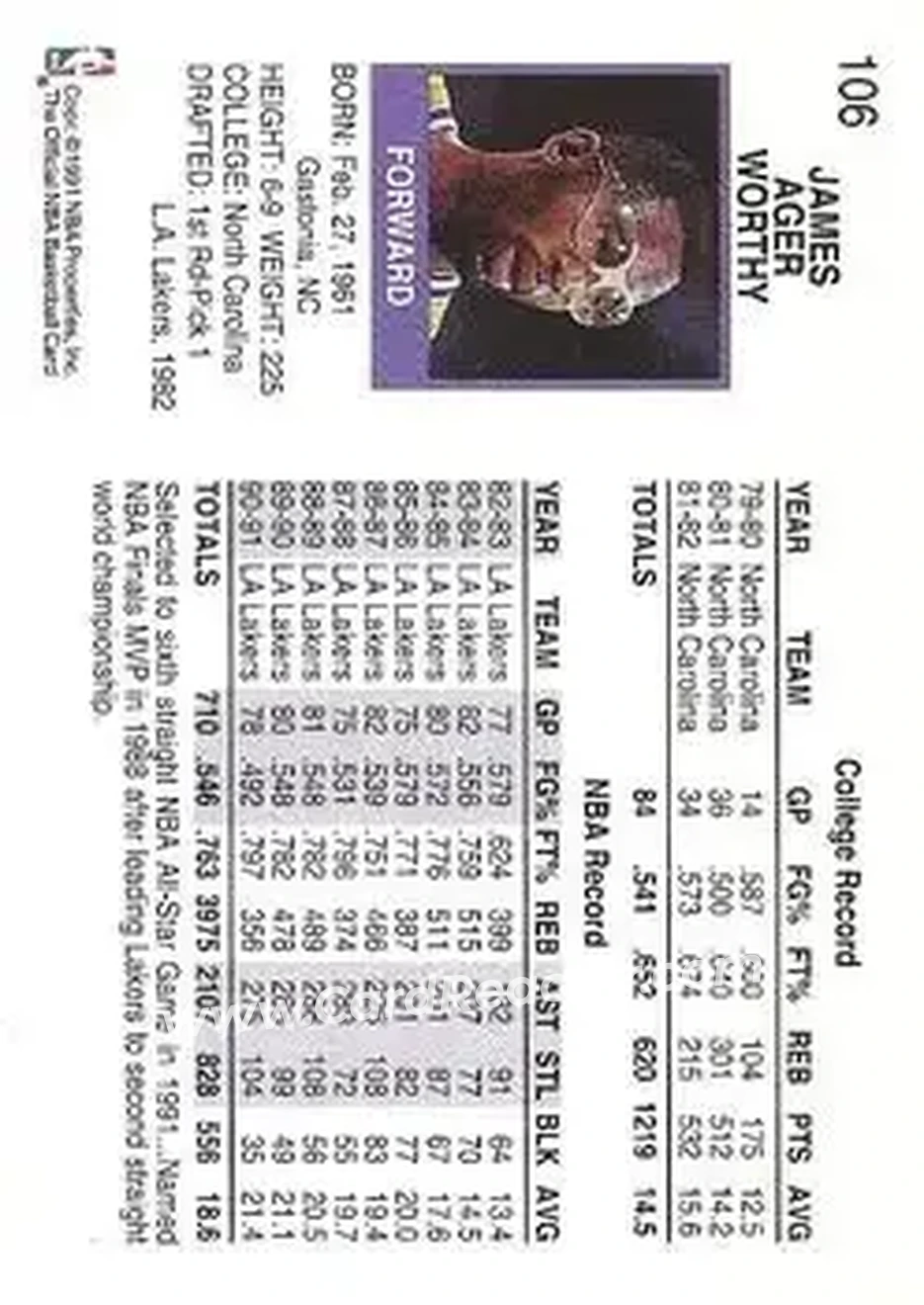1991-92 Hoops #106 - James Worthy - Los Angeles Lakers - Back 1991-92 Hoops #106 - James Worthy - Los Angeles Lakers - Back