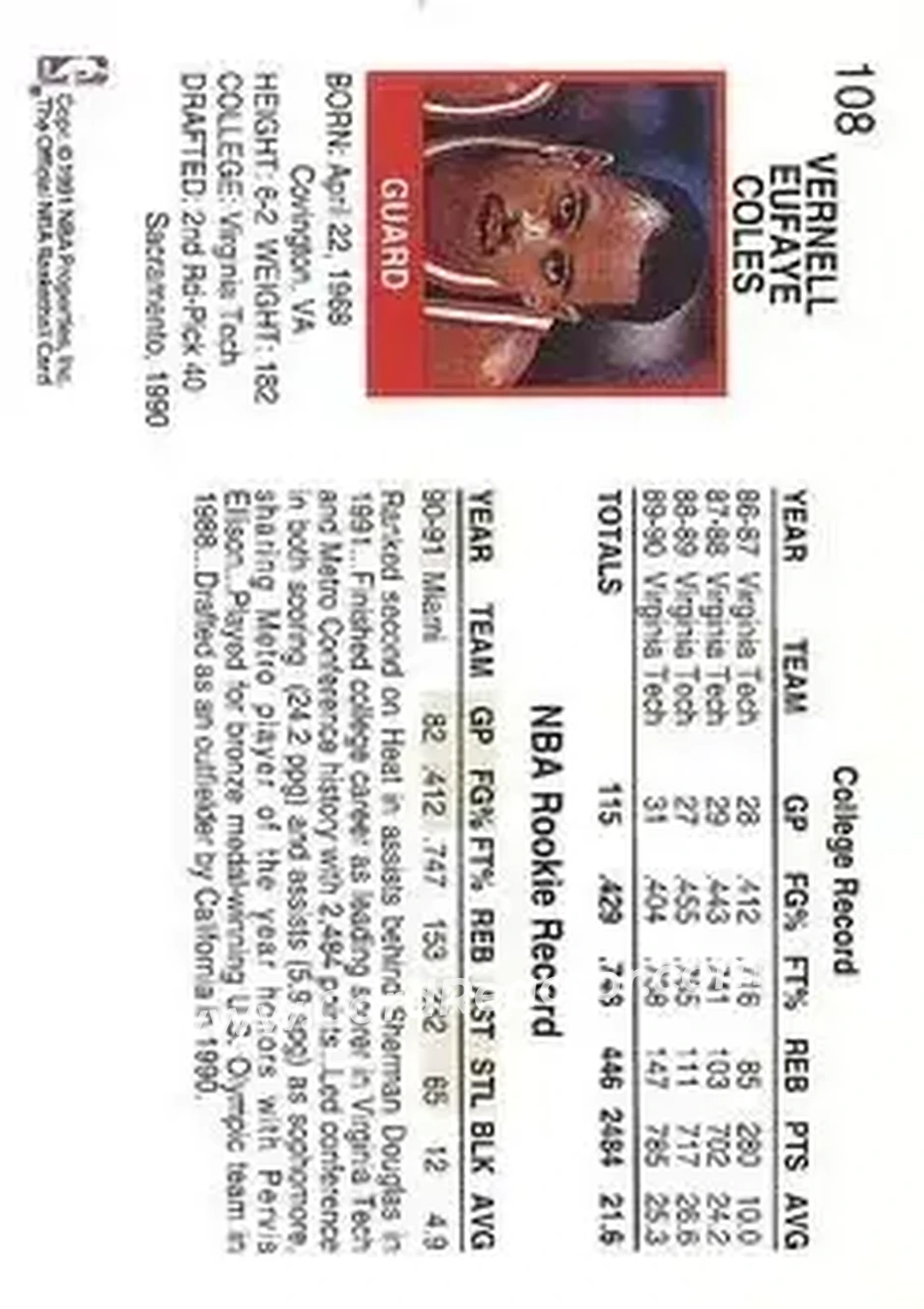 1991-92 Hoops #108 - Bimbo Coles - Miami Heat - Back