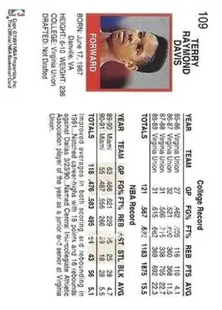 1991-92 Hoops #109 - Terry Davis - Miami Heat - Back
