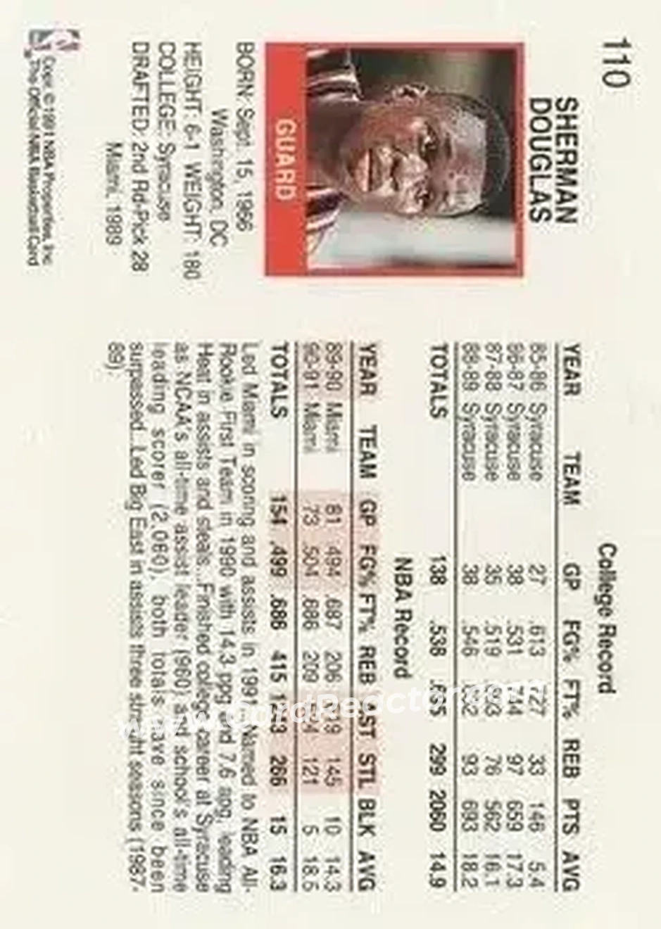 1991-92 Hoops #110 - Sherman Douglas - Miami Heat - Back