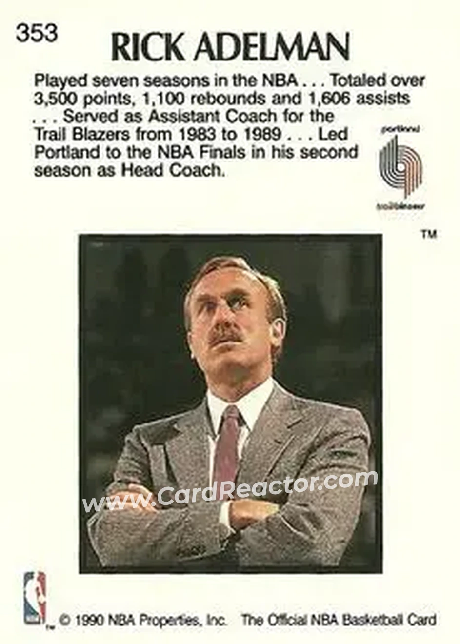 1990-91 Hoops #353 - Rick Adelman - Portland Trail Blazers - Back 1990-91 Hoops #353 - Rick Adelman - Portland Trail Blazers - Back
