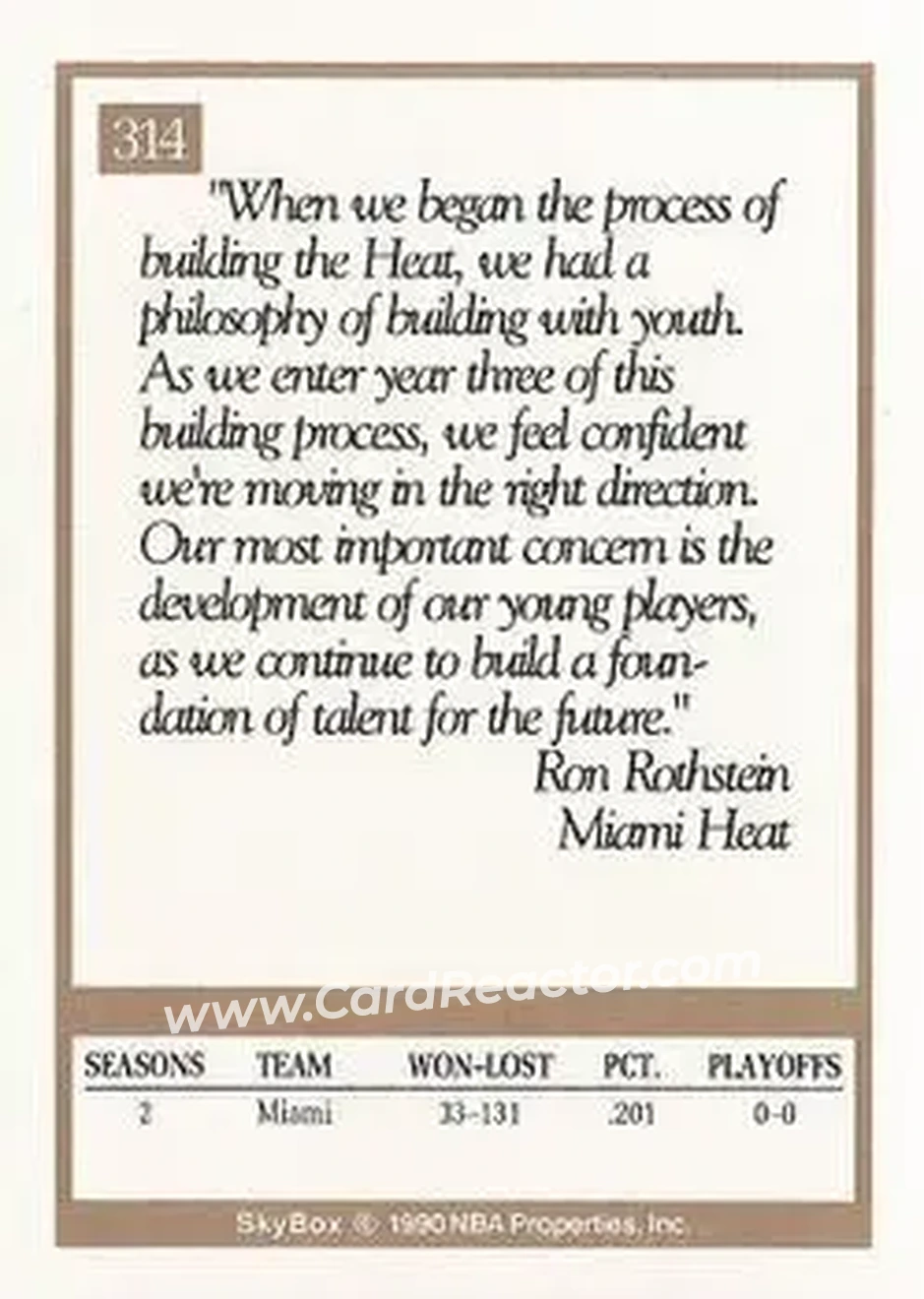 1990-91 SkyBox #314 - Ron Rothstein - Miami Heat - Back 1990-91 SkyBox #314 - Ron Rothstein - Miami Heat - Back