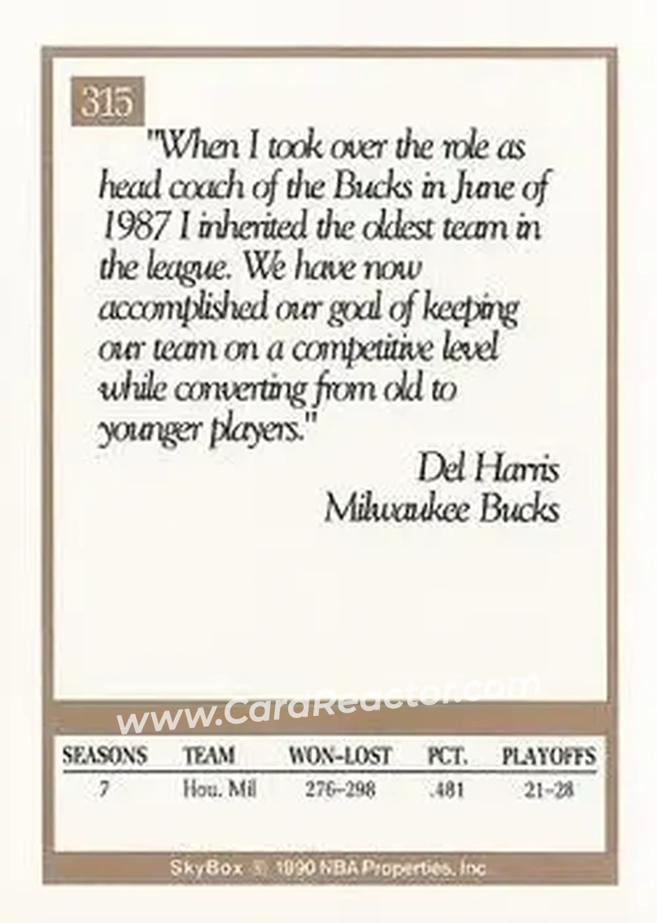 1990-91 SkyBox #315 - Del Harris - Milwaukee Bucks - Back