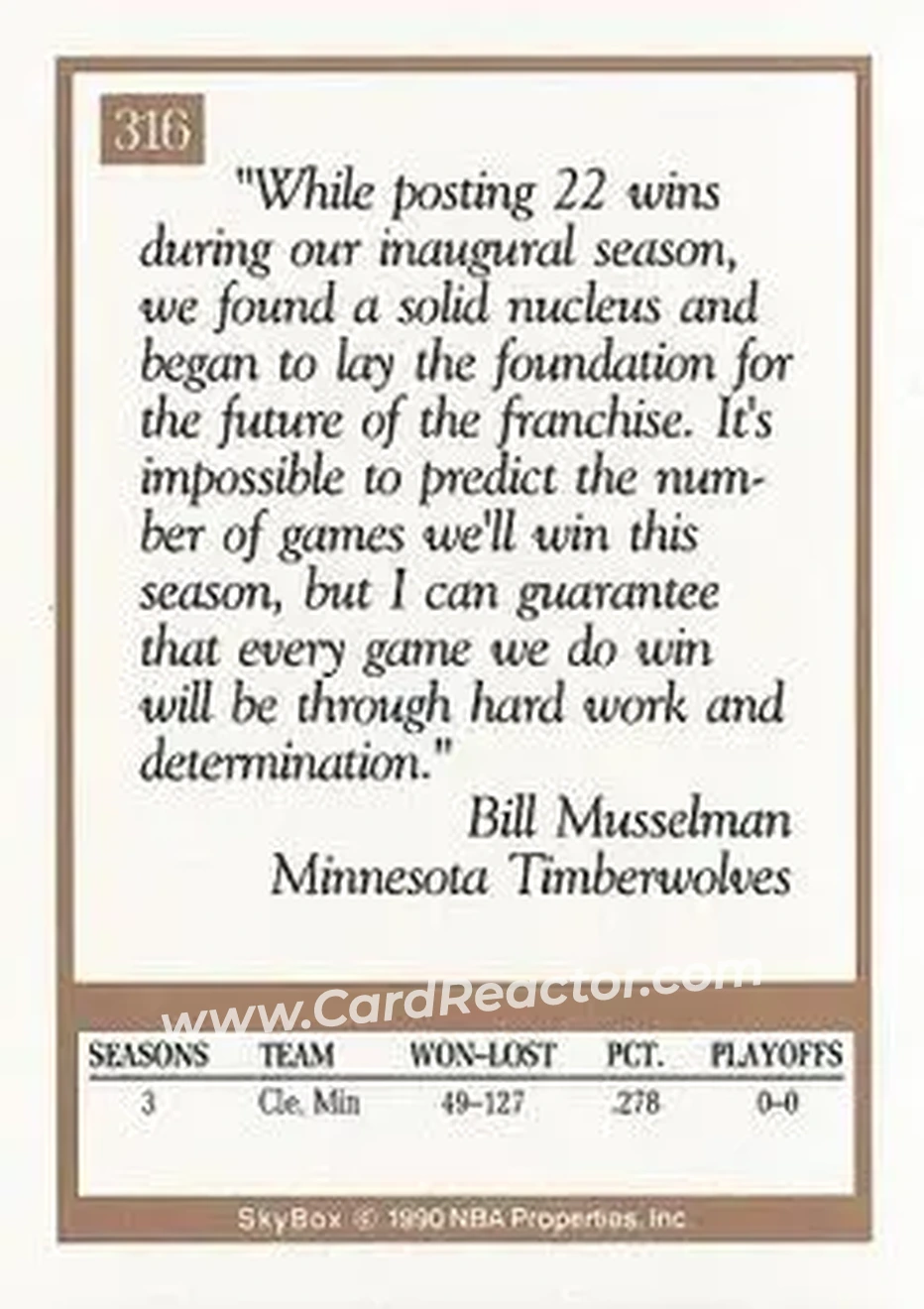 1990-91 SkyBox #316 - Bill Musselman - Minnesota Timberwolves - Back 1990-91 SkyBox #316 - Bill Musselman - Minnesota Timberwolves - Back