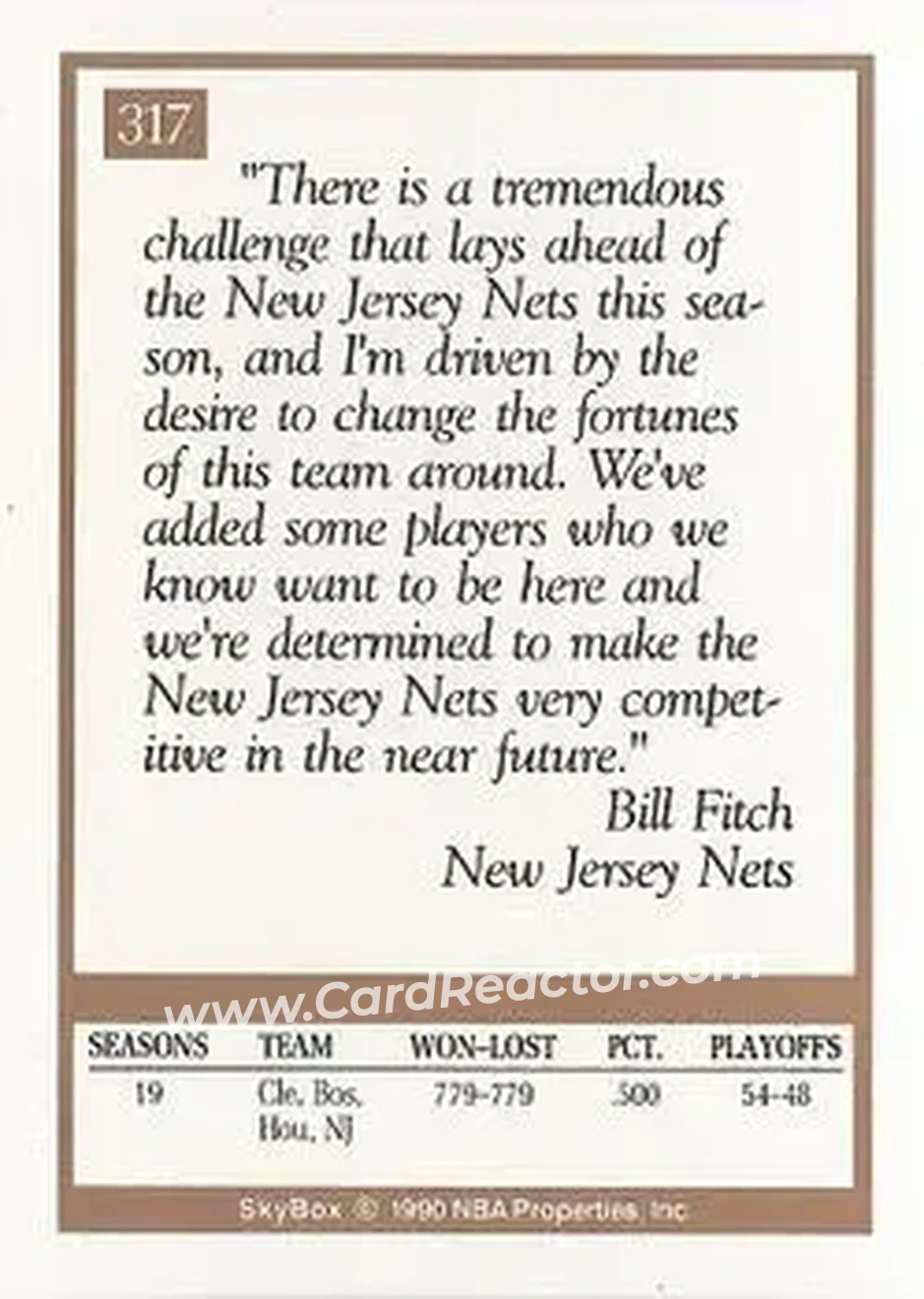 1990-91 SkyBox #317 - Bill Fitch - New Jersey Nets - Back 1990-91 SkyBox #317 - Bill Fitch - New Jersey Nets - Back