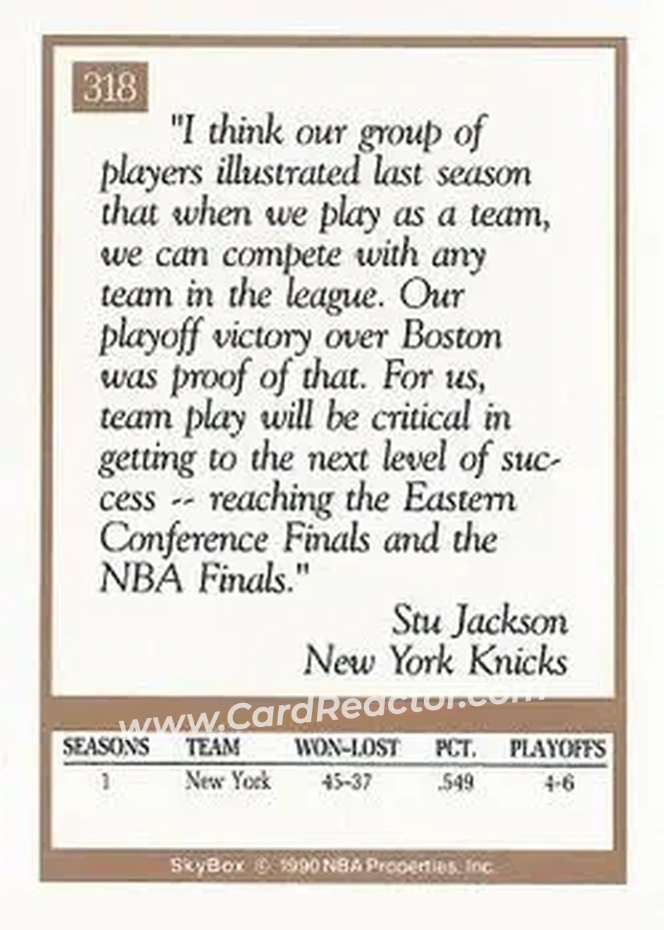 1990-91 SkyBox #318 - Stu Jackson - New York Knicks - Back 1990-91 SkyBox #318 - Stu Jackson - New York Knicks - Back