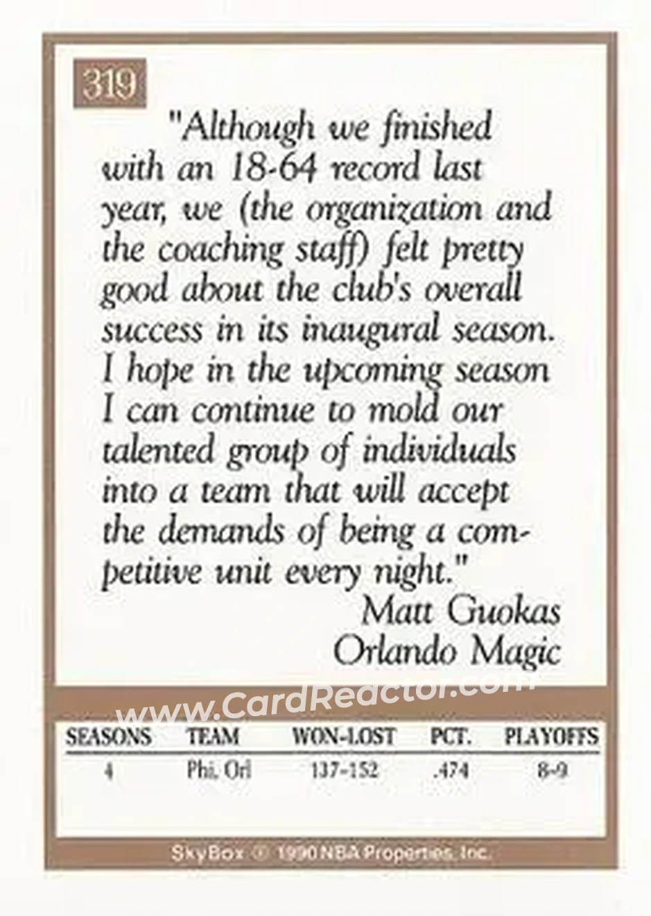 1990-91 SkyBox #319 - Matt Guokas - Orlando Magic - Back