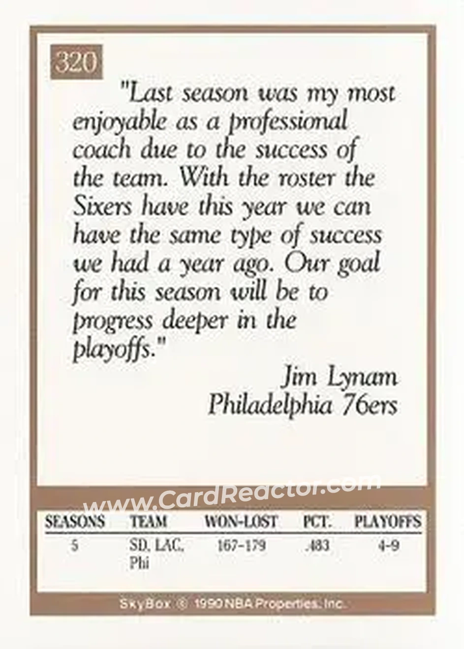 1990-91 SkyBox #320 - Jim Lynam - Philadelphia 76ers - Back