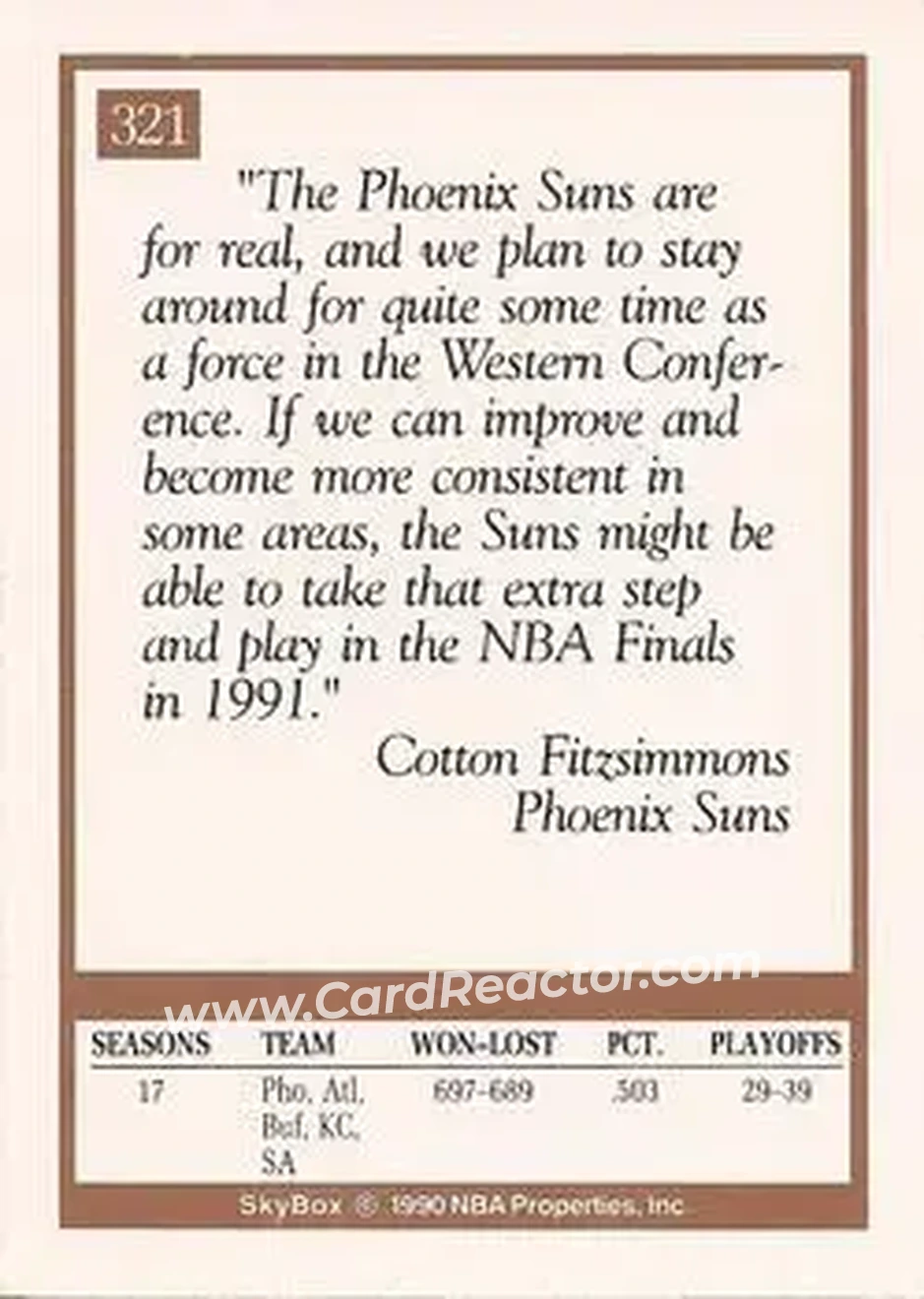 1990-91 SkyBox #321 - Cotton Fitzsimmons - Phoenix Suns - Back
