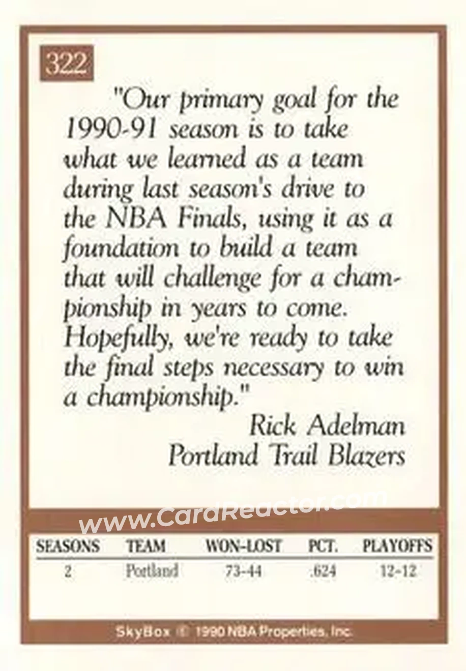 1990-91 SkyBox #322 - Rick Adelman - Portland Trail Blazers - Back 1990-91 SkyBox #322 - Rick Adelman - Portland Trail Blazers - Back