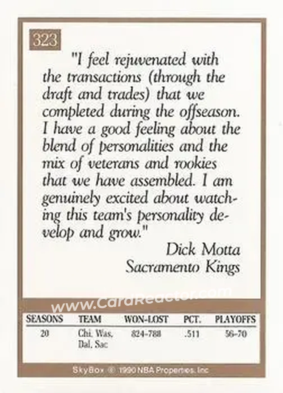 1990-91 SkyBox #323 - Dick Motta - Sacramento Kings - Back