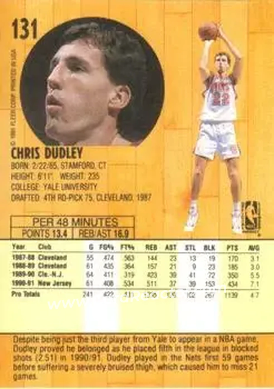 1991-92 Fleer #131 - Chris Dudley - New Jersey Nets - Back 1991-92 Fleer #131 - Chris Dudley - New Jersey Nets - Back