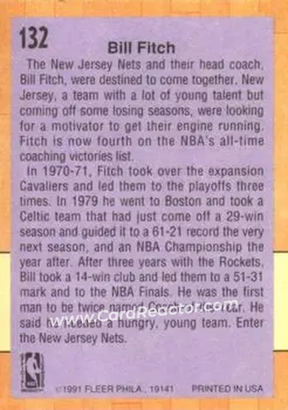 1991-92 Fleer #132 - Bill Fitch - New Jersey Nets - Back 1991-92 Fleer #132 - Bill Fitch - New Jersey Nets - Back