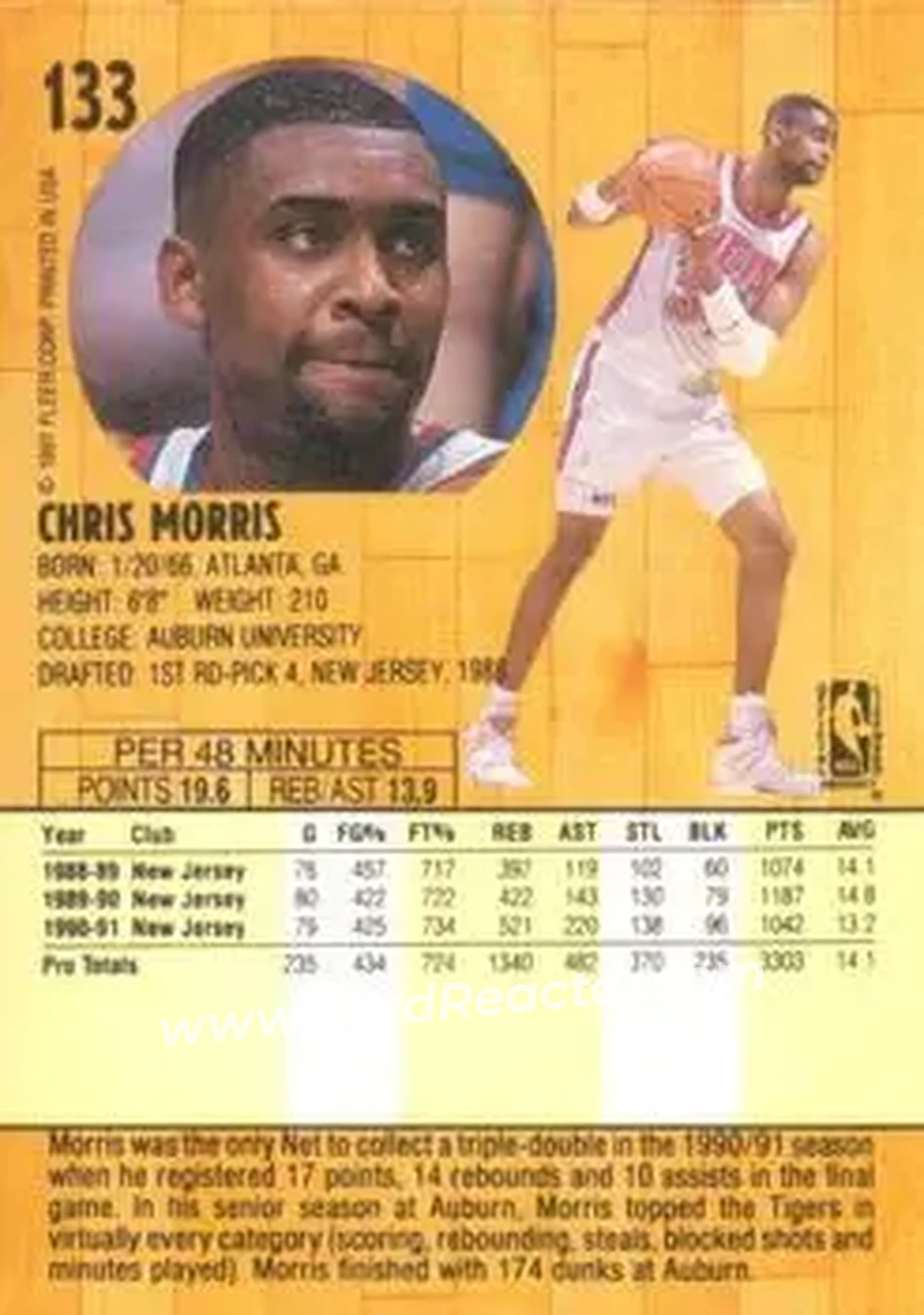 1991-92 Fleer #133 - Chris Morris - New Jersey Nets - Back