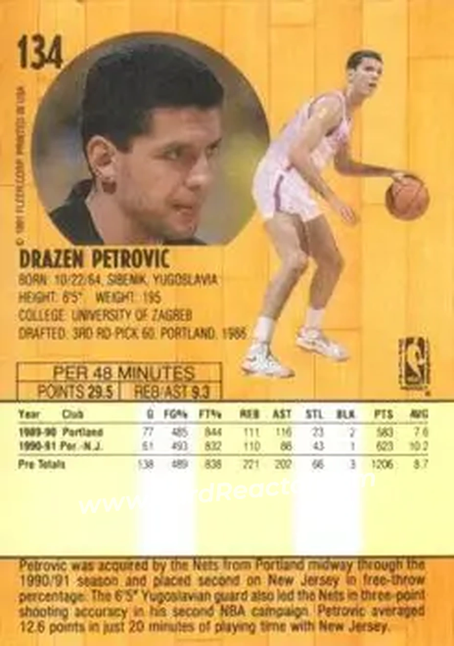 1991-92 Fleer #134 - Dražen Petrović - New Jersey Nets - Back