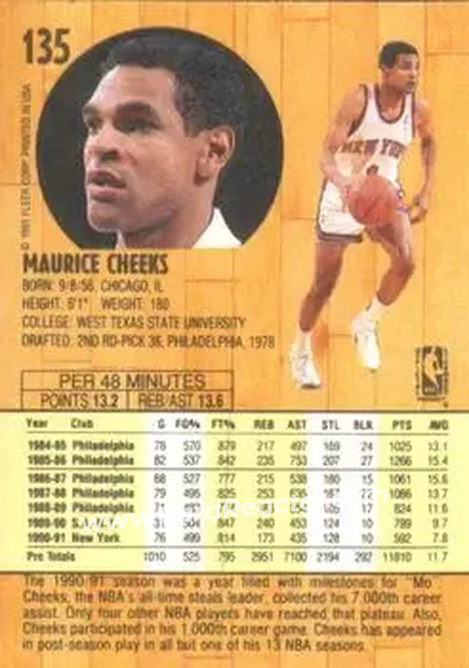 1991-92 Fleer #135 - Maurice Cheeks - New York Knicks - Back