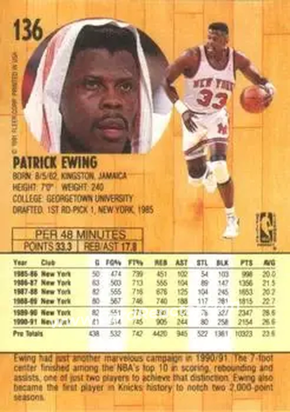 1991-92 Fleer #136 - Patrick Ewing - New York Knicks - Back