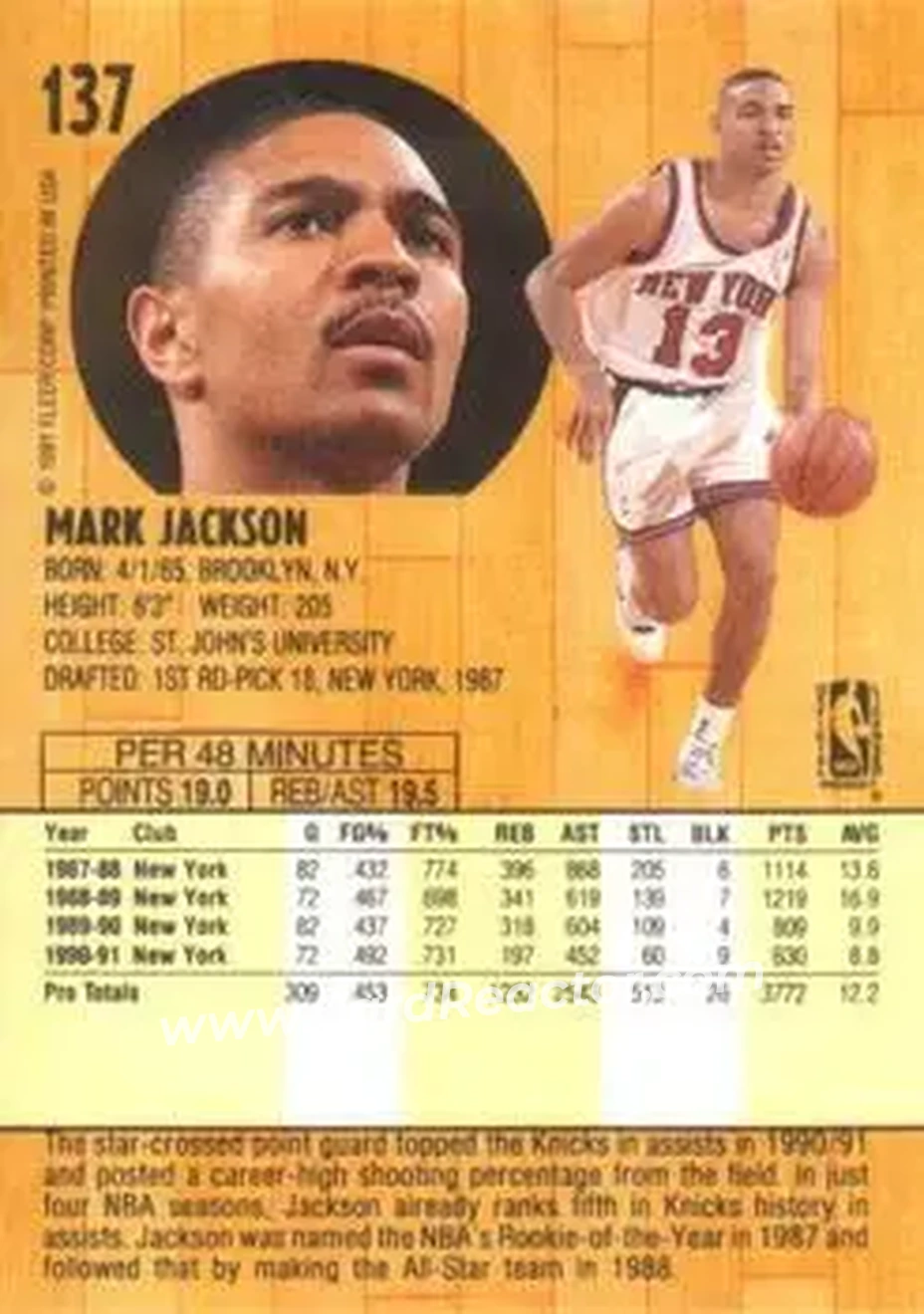 1991-92 Fleer #137 - Mark Jackson - New York Knicks - Back