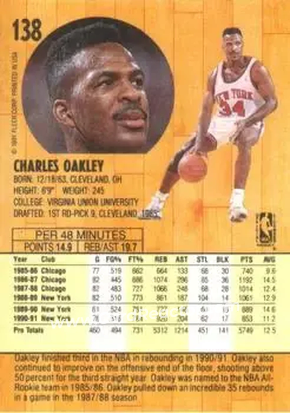 1991-92 Fleer #138 - Charles Oakley - New York Knicks - Back