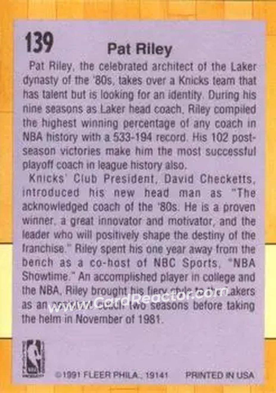1991-92 Fleer #139 - Pat Riley - New York Knicks - Back