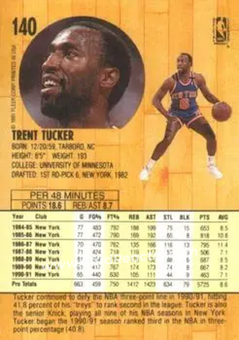 1991-92 Fleer #140 - Trent Tucker - New York Knicks - Back 1991-92 Fleer #140 - Trent Tucker - New York Knicks - Back