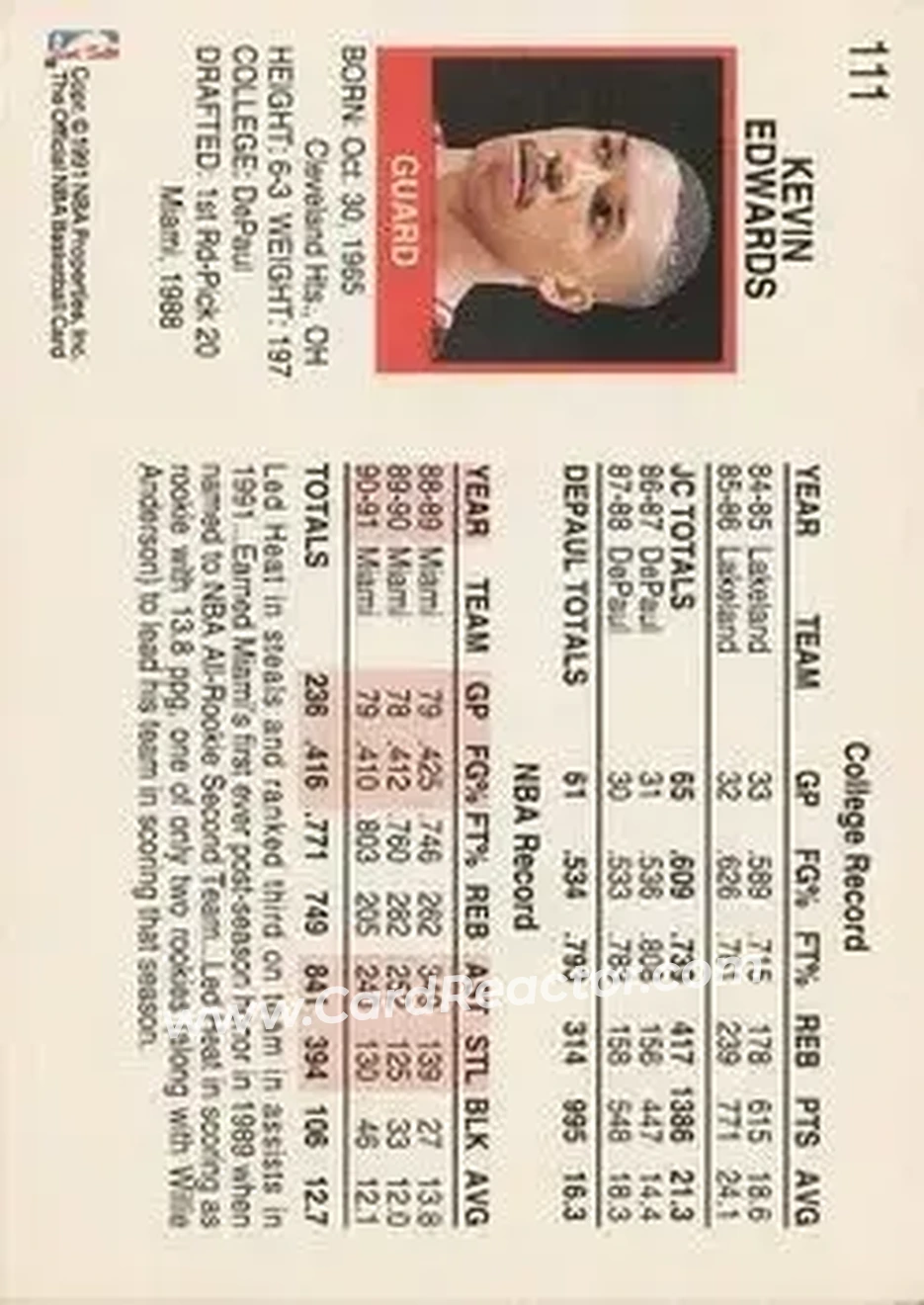 1991-92 Hoops #111 - Kevin Edwards - Miami Heat - Back