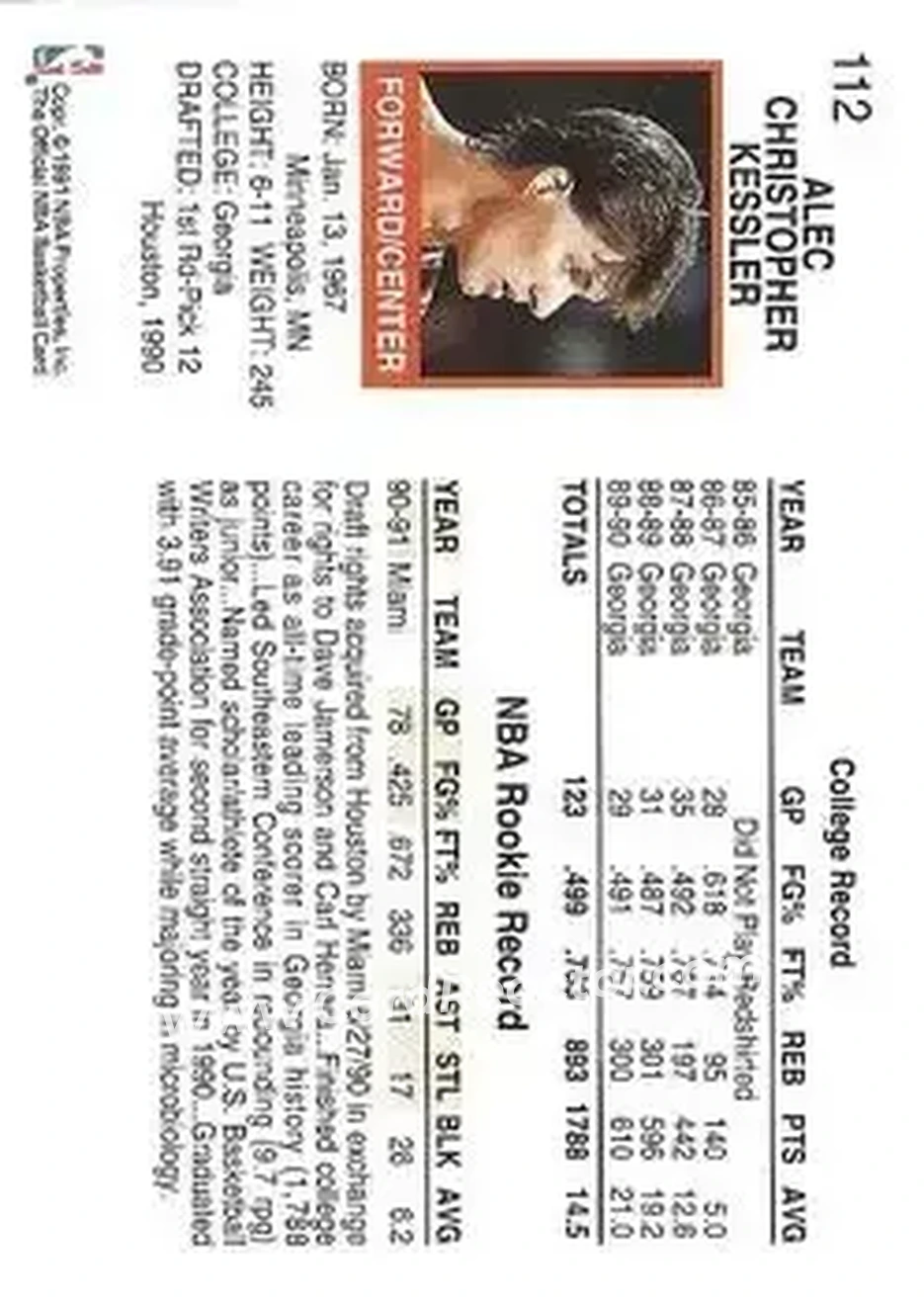 1991-92 Hoops #112 - Alec Kessler - Miami Heat - Back 1991-92 Hoops #112 - Alec Kessler - Miami Heat - Back