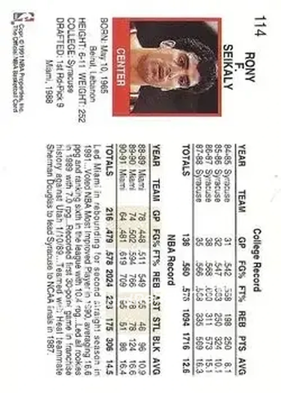 1991-92 Hoops #114 - Rony Seikaly - Miami Heat - Back 1991-92 Hoops #114 - Rony Seikaly - Miami Heat - Back