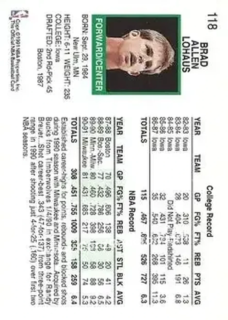 1991-92 Hoops #118 - Brad Lohaus - Milwaukee Bucks - Back 1991-92 Hoops #118 - Brad Lohaus - Milwaukee Bucks - Back