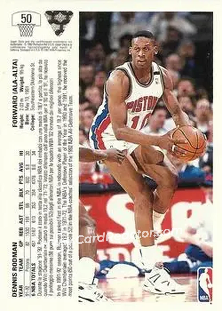 1991-92 Upper Deck Italian #50 - Dennis Rodman - Detroit Pistons - Back 1991-92 Upper Deck Italian #50 - Dennis Rodman - Detroit Pistons - Back