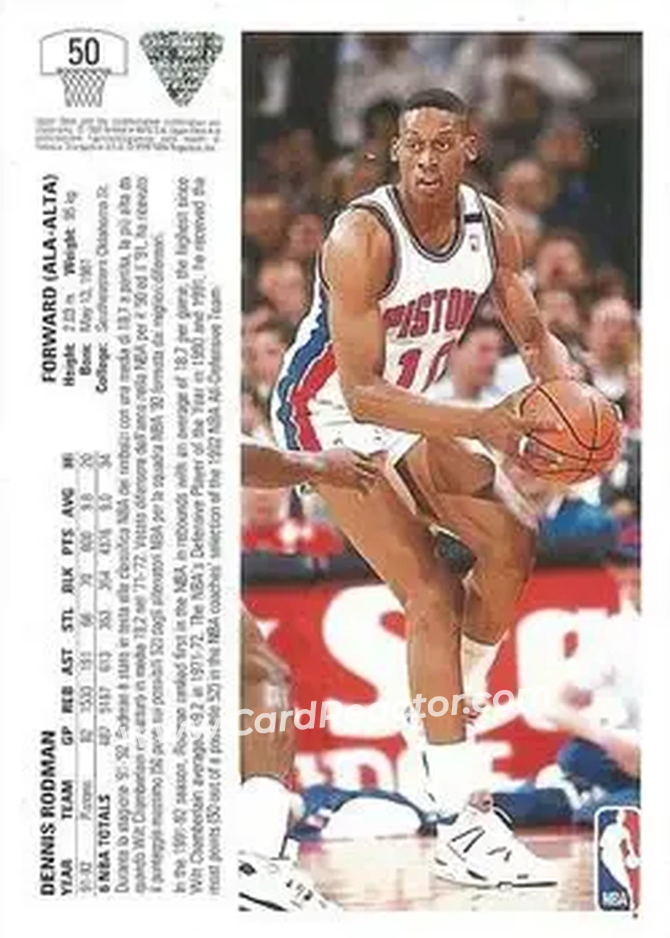1991-92 Upper Deck Italian #50 - Dennis Rodman - Detroit Pistons - Back 1991-92 Upper Deck Italian #50 - Dennis Rodman - Detroit Pistons - Back