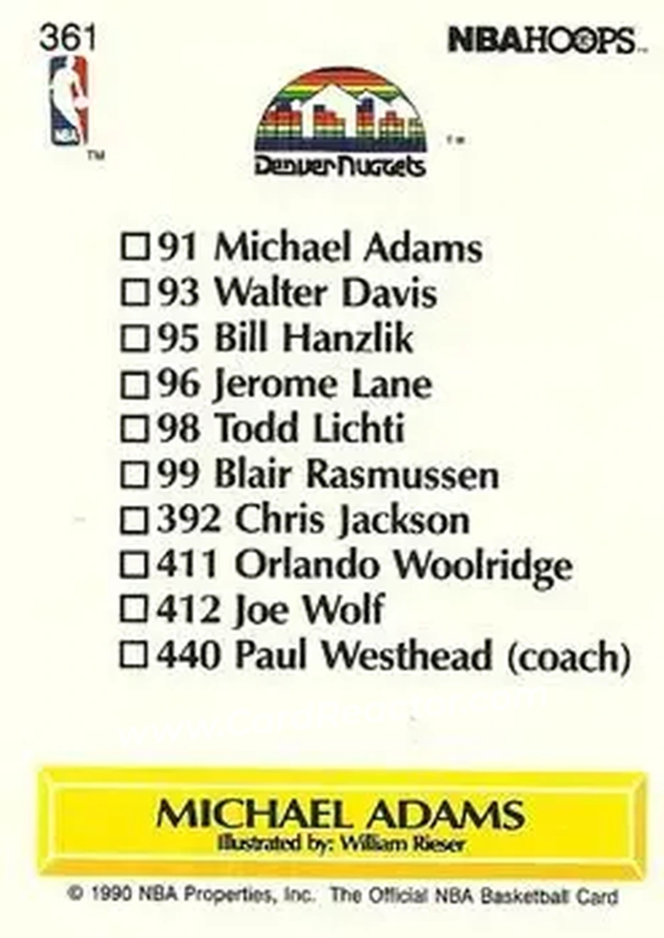 1990-91 Hoops #361 - Michael Adams - Denver Nuggets - Back