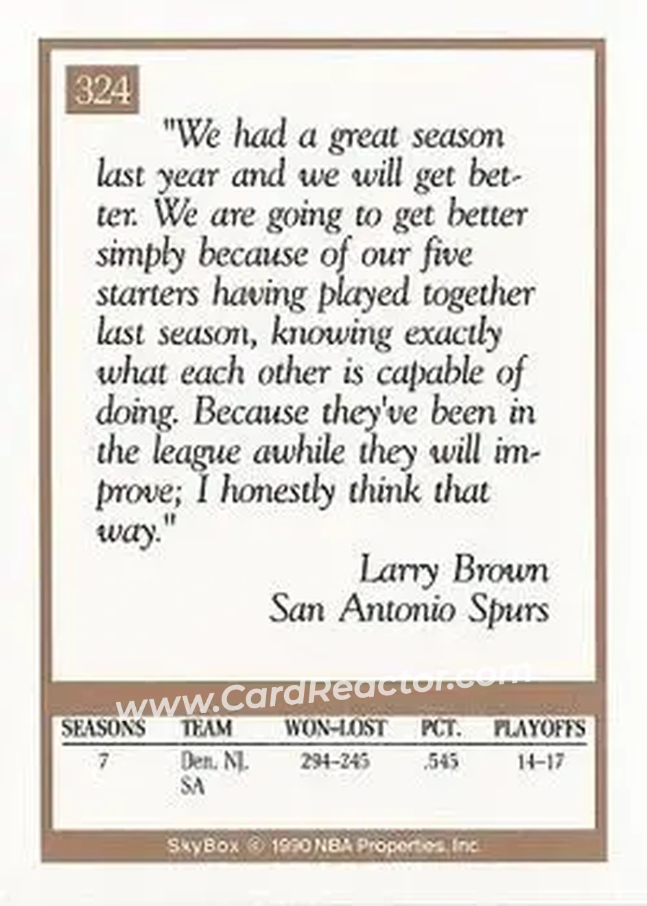 1990-91 SkyBox #324 - Larry Brown - San Antonio Spurs - Back