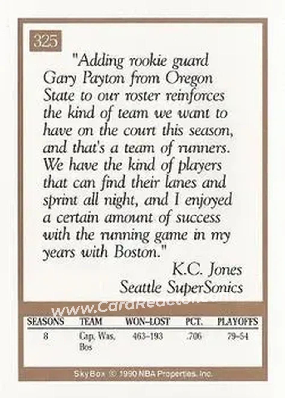 1990-91 SkyBox #325 - K.C. Jones - Seattle SuperSonics - Back