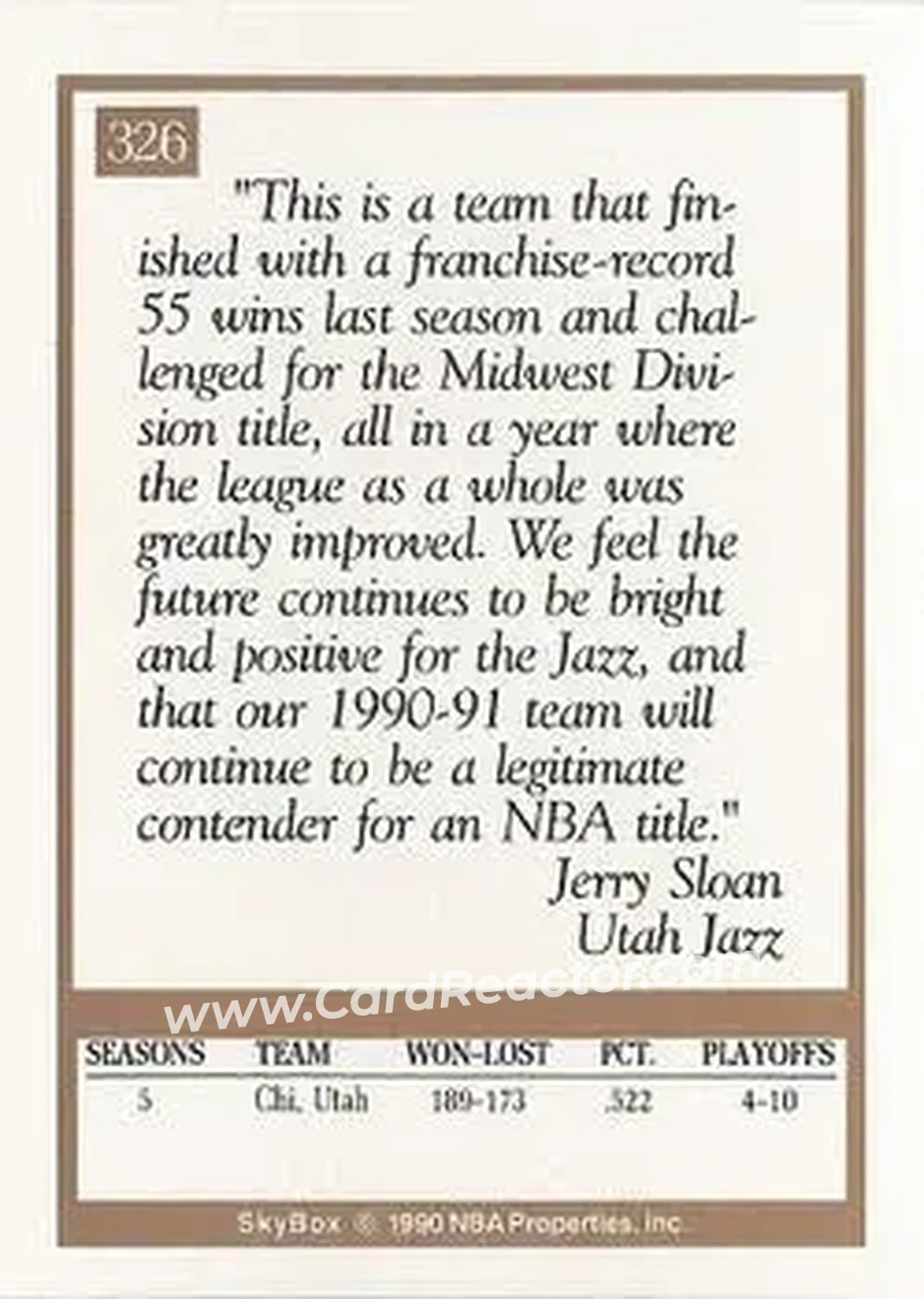 1990-91 SkyBox #326 - Jerry Sloan - Utah Jazz - Back