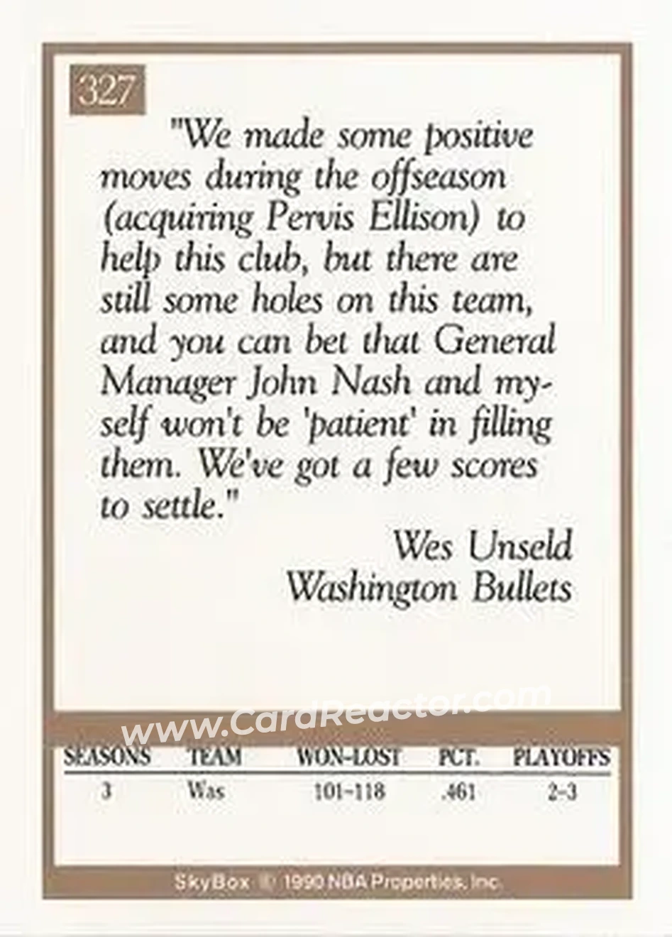 1990-91 SkyBox #327 - Wes Unseld - Washington Bullets - Back