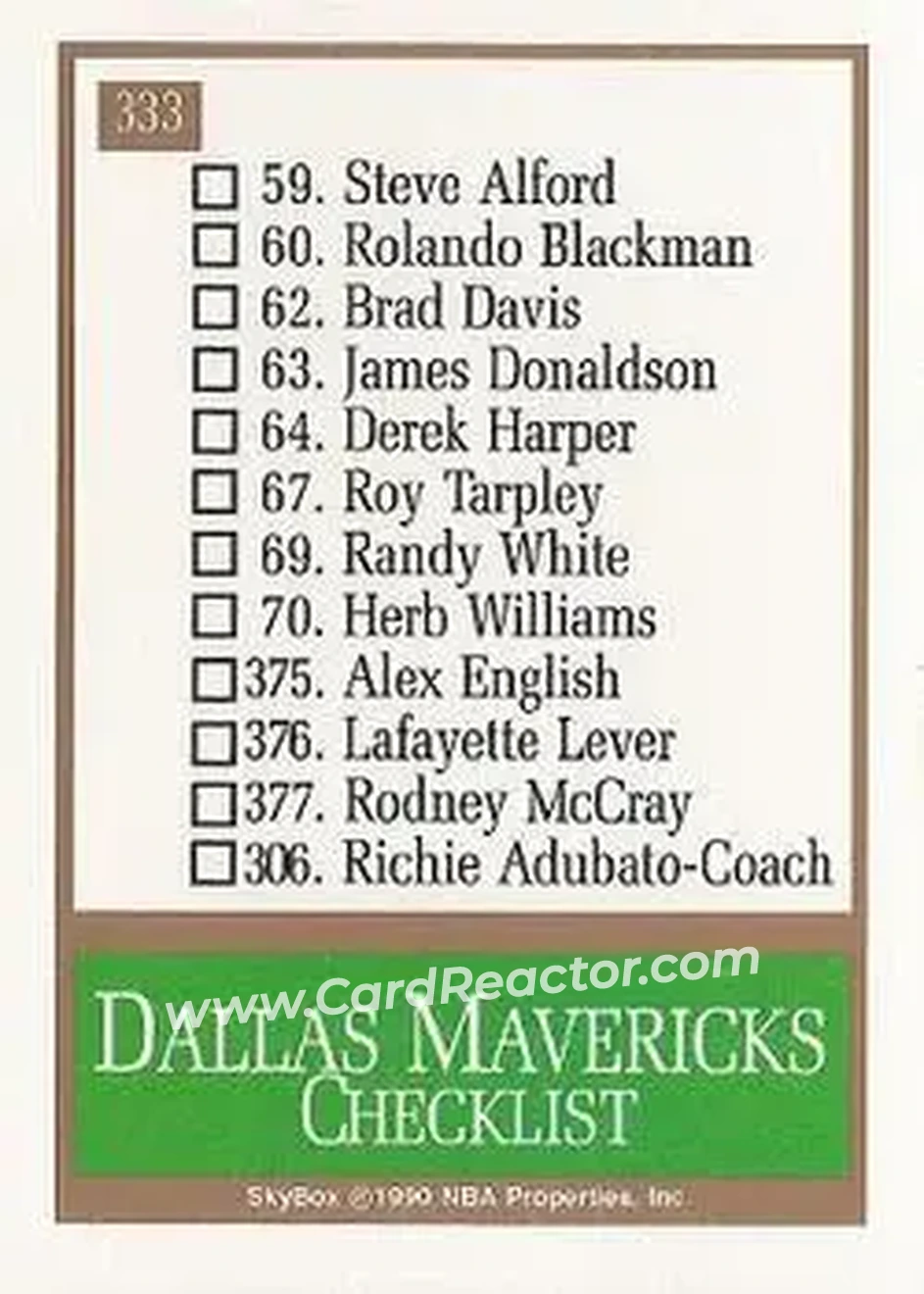 1990-91 SkyBox #333 - Card #333 - Dallas Mavericks - Back