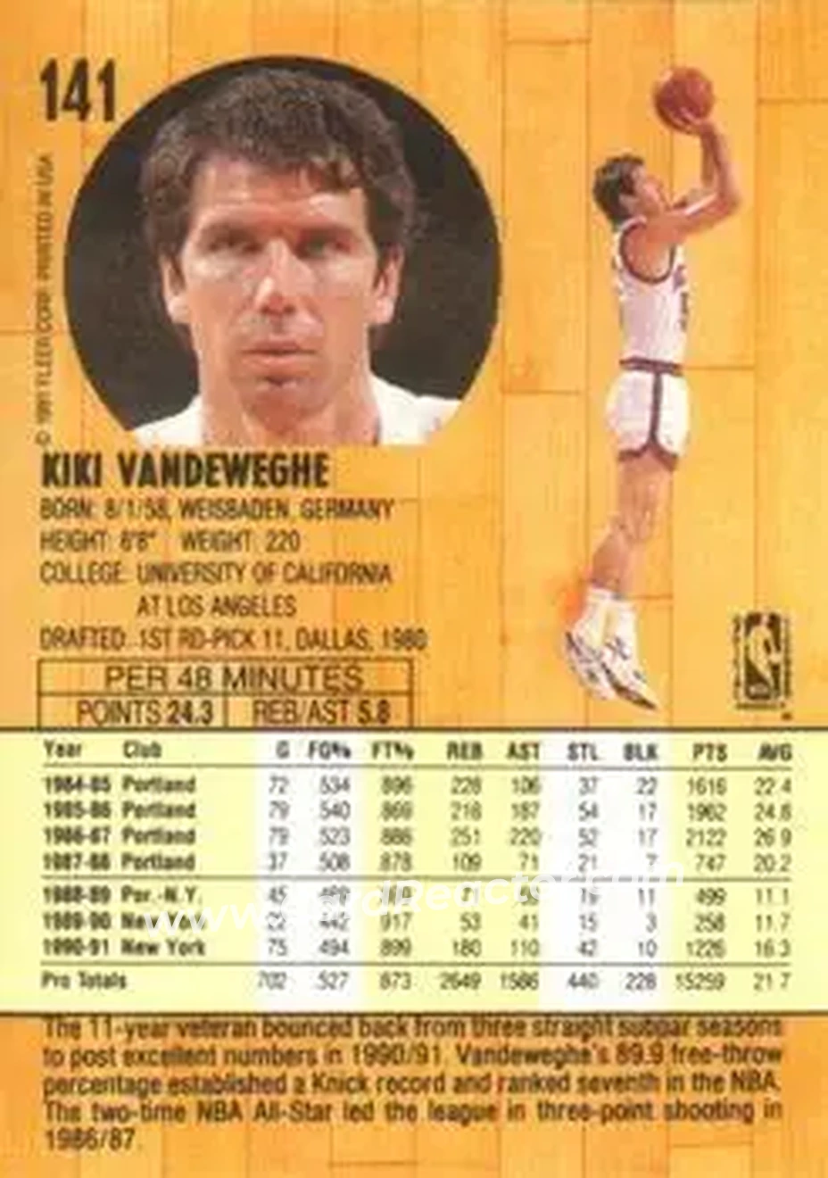 1991-92 Fleer #141 - Kiki Vandeweghe - New York Knicks - Back 1991-92 Fleer #141 - Kiki Vandeweghe - New York Knicks - Back