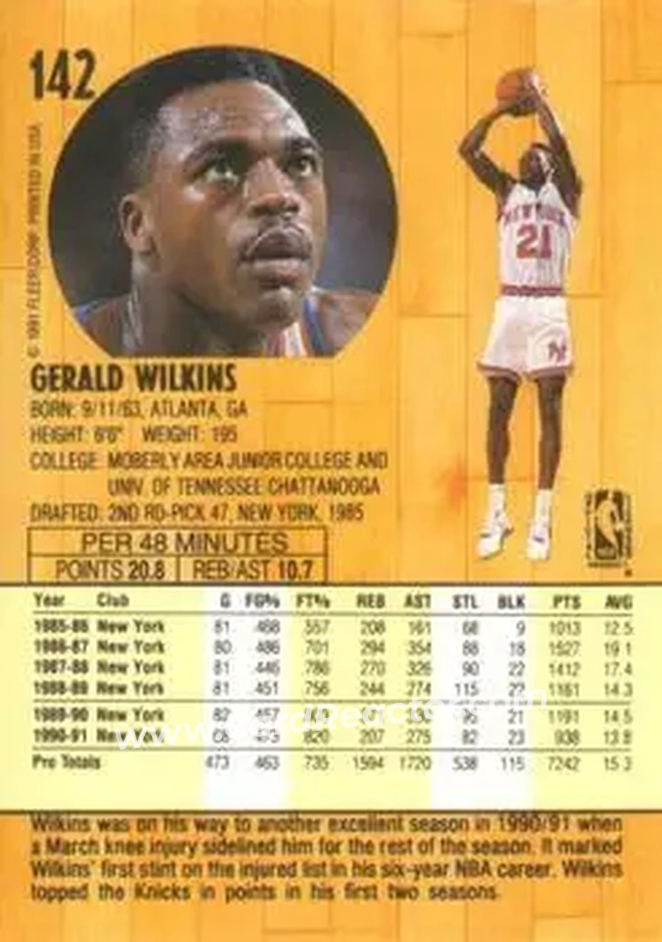 1991-92 Fleer #142 - Gerald Wilkins - New York Knicks - Back