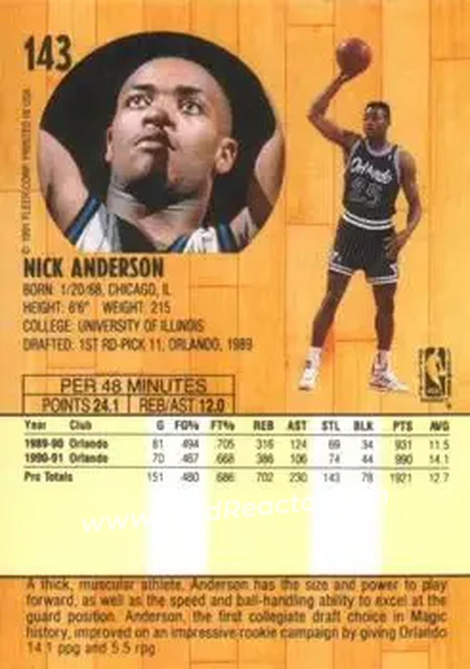 1991-92 Fleer #143 - Nick Anderson - Orlando Magic - Back