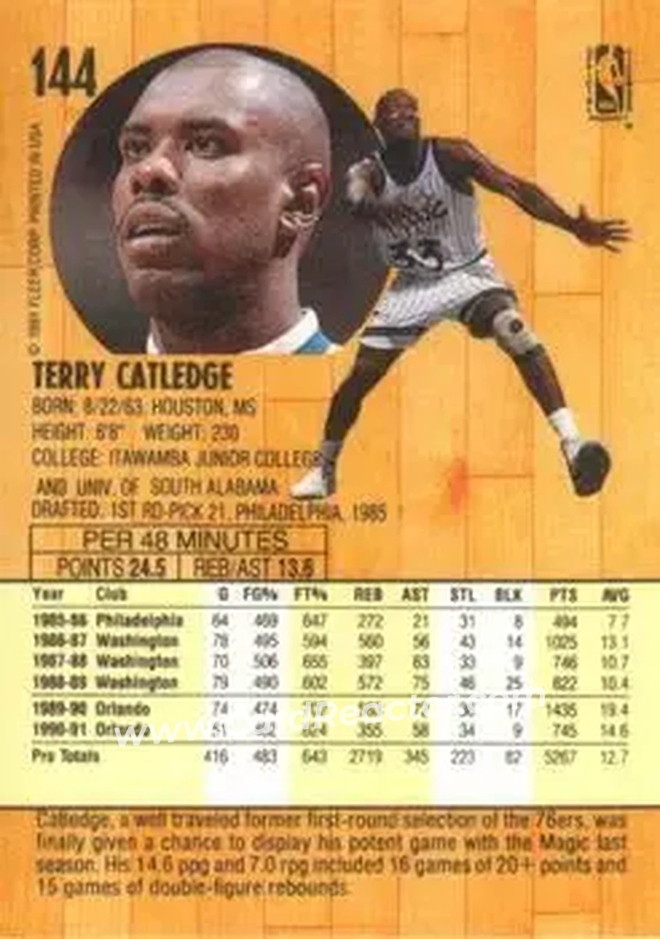 1991-92 Fleer #144 - Terry Catledge - Orlando Magic - Back