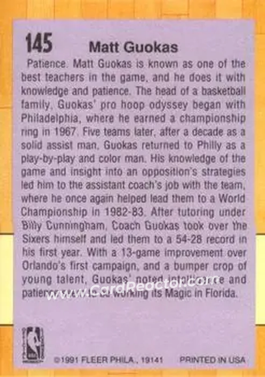 1991-92 Fleer #145 - Matt Guokas - Orlando Magic - Back 1991-92 Fleer #145 - Matt Guokas - Orlando Magic - Back